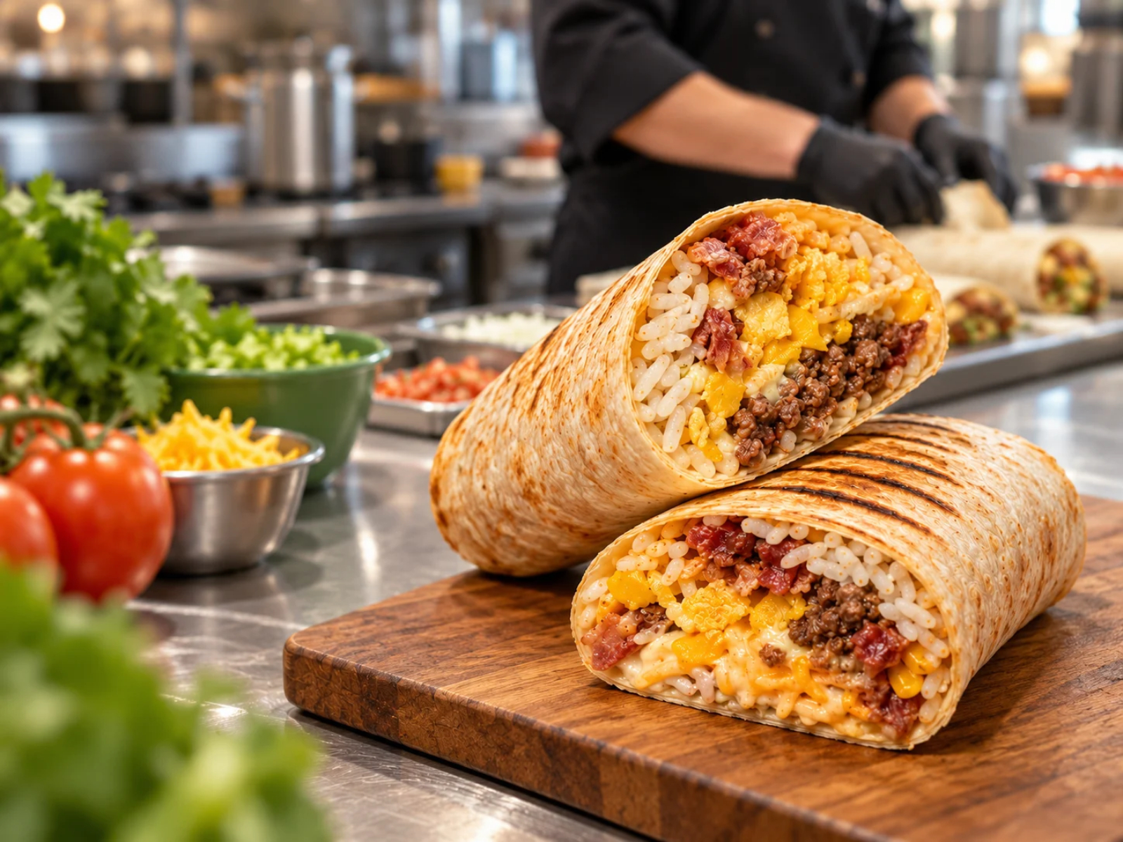 Burrito El Sancho Manzo in primo piano, con una scena di preparazione in cucina sullo sfondo
